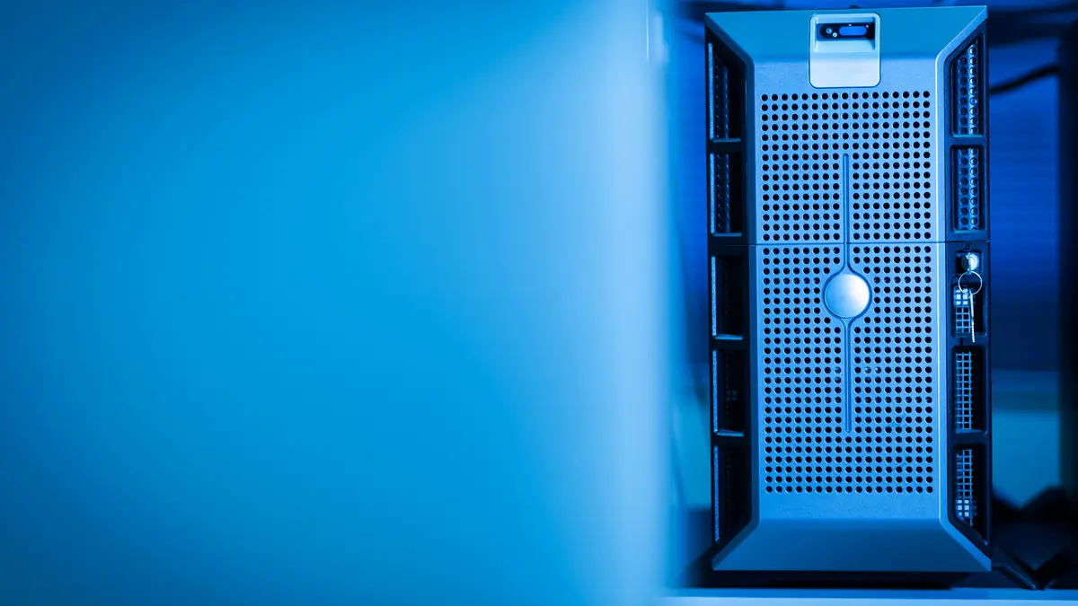 Server unit in a data center lit in blue
