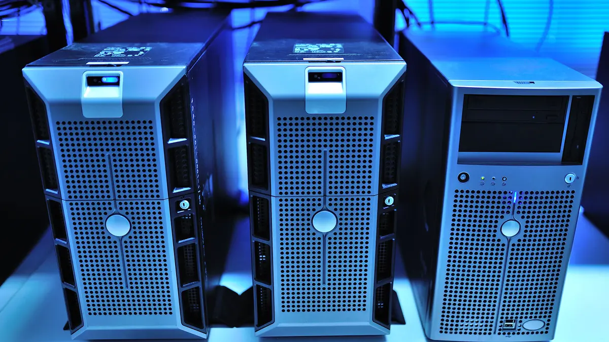Row of tower servers in a data center